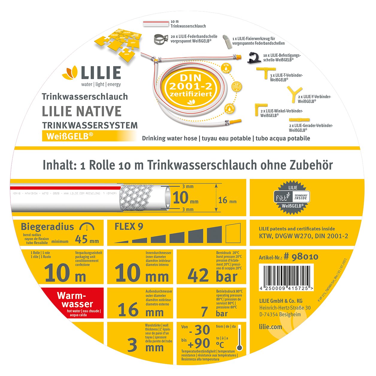 Trinkwasserschlauch WeißGELB warm, 10 x 16 mm, 10 m